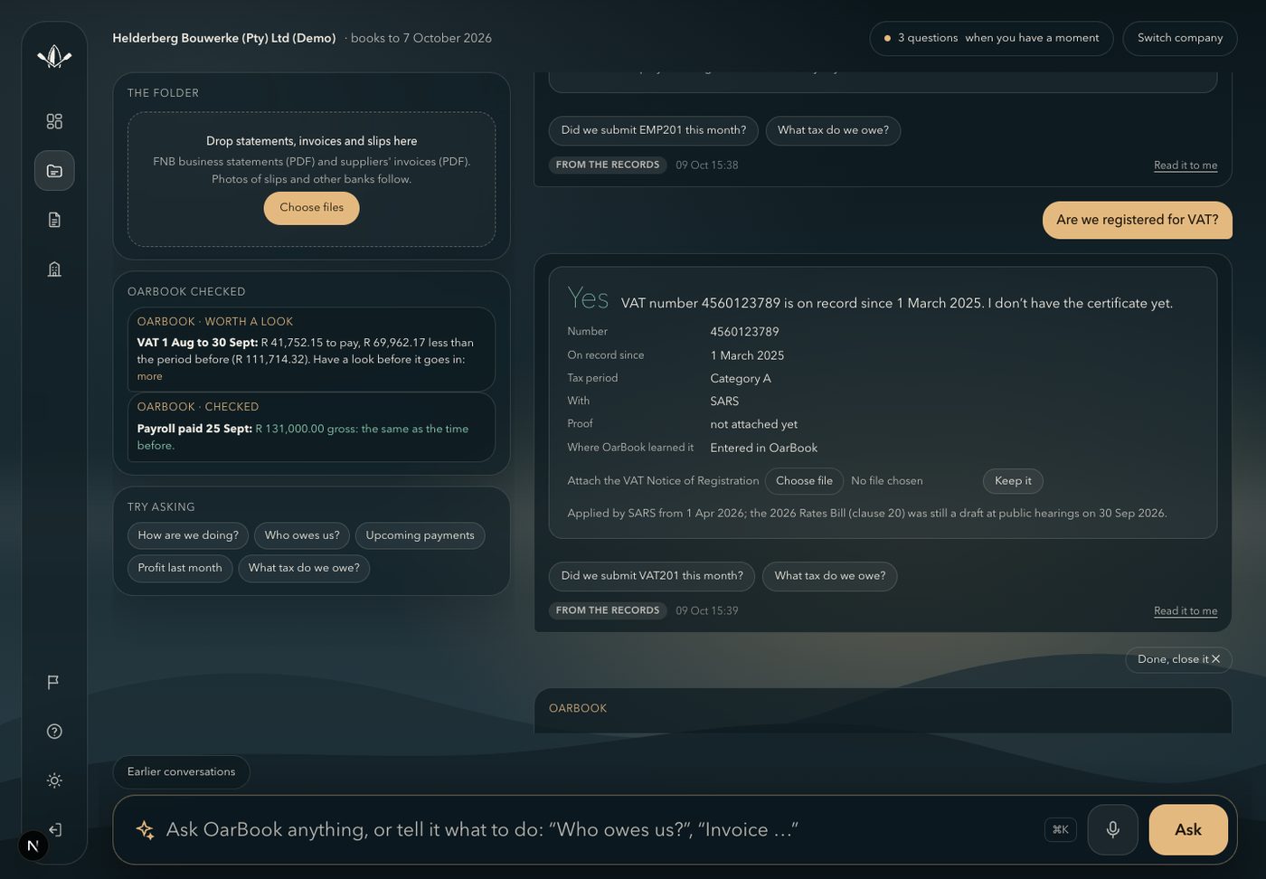 OarBook answering whether the company is registered for VAT, with Yes, the number and the date