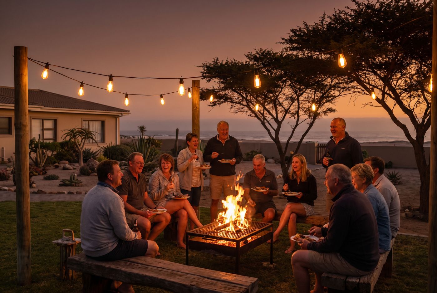 Friends around a braai fire at dusk