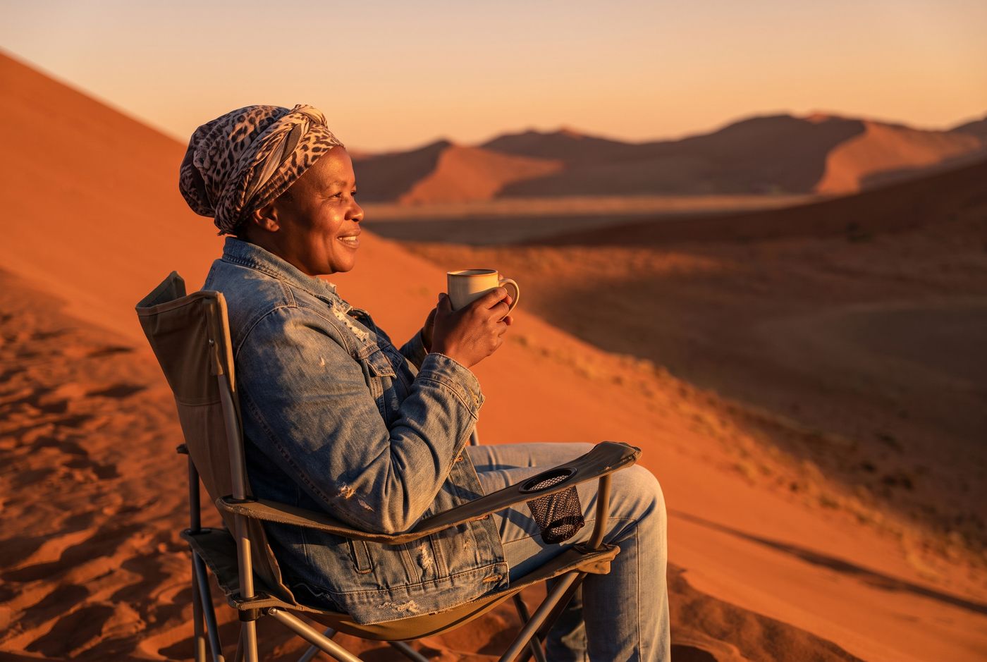 A business owner with a coffee on a red dune at sunset