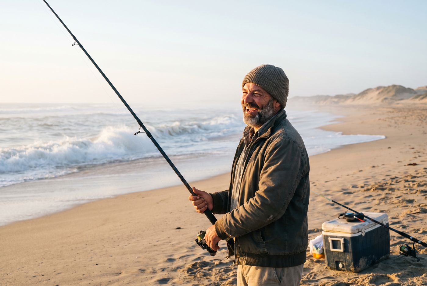 A man laughing while surf fishing on the coast
