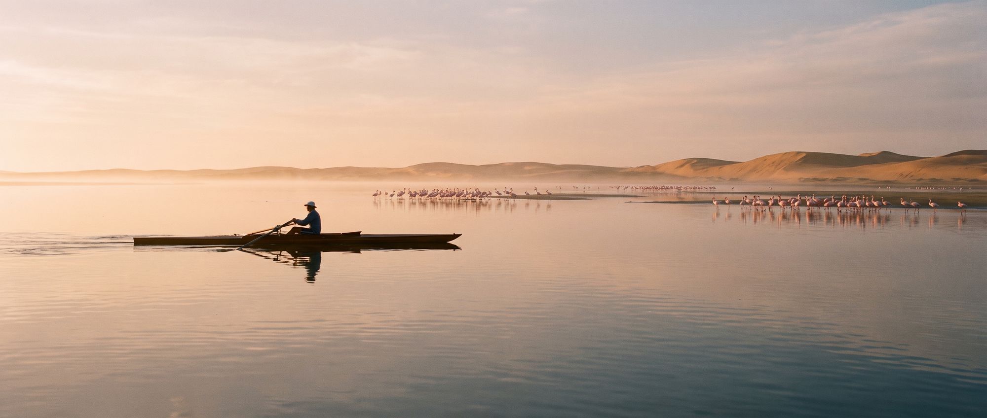 A rower on a calm lagoon at sunrise, flamingos and dunes behind